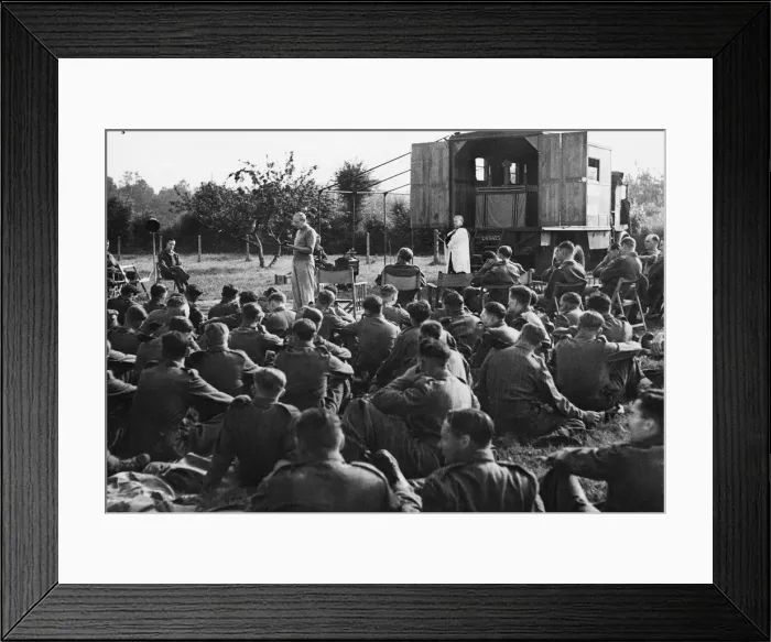 Framed Print : Mobile church for British troops in France. Field Marshall Montgomery reading Framed Print : Mobile church for British troops in France. Field Marshall Montgomery reading