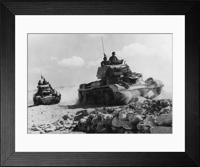 Framed Print : Cruiser tanks moving into action over rough ground near Tobruk during Second World War Framed Print : Cruiser tanks moving into action over rough ground near Tobruk during Second World War