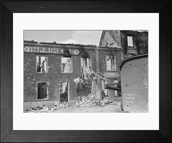 Framed Print : Ruined buildings and wrecked German transport in the streets of Montebourg as a result of Framed Print : Ruined buildings and wrecked German transport in the streets of Montebourg as a result of