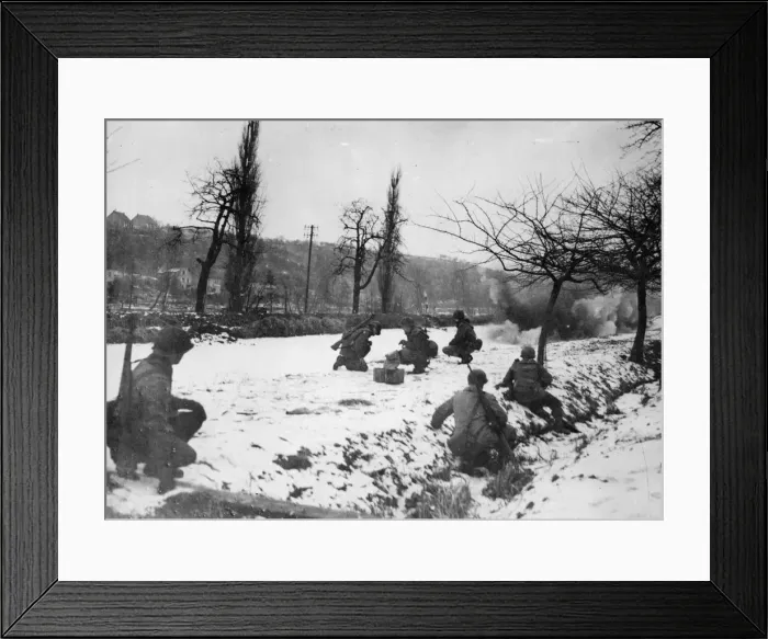Framed Print : US Army engineers crouch in the foreground as a TNT charge breaks up the ice in Framed Print : US Army engineers crouch in the foreground as a TNT charge breaks up the ice in