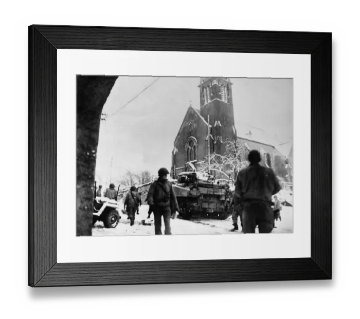 Framed Print : Tanks of the United States 35th Infantry Division moving through the Belgian town of