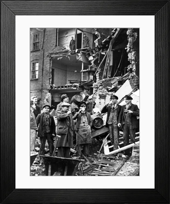 Framed Print : Men enjoy a drink at a bombed pub in Bristol. March 1941 Framed Print : Men enjoy a drink at a bombed pub in Bristol. March 1941