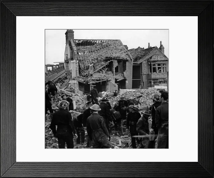 Framed Print : Aftermath of a Nazi raid at the Commer motor works, Luton, Bedfordshire. April 1945 Framed Print : Aftermath of a Nazi raid at the Commer motor works, Luton, Bedfordshire. April 1945