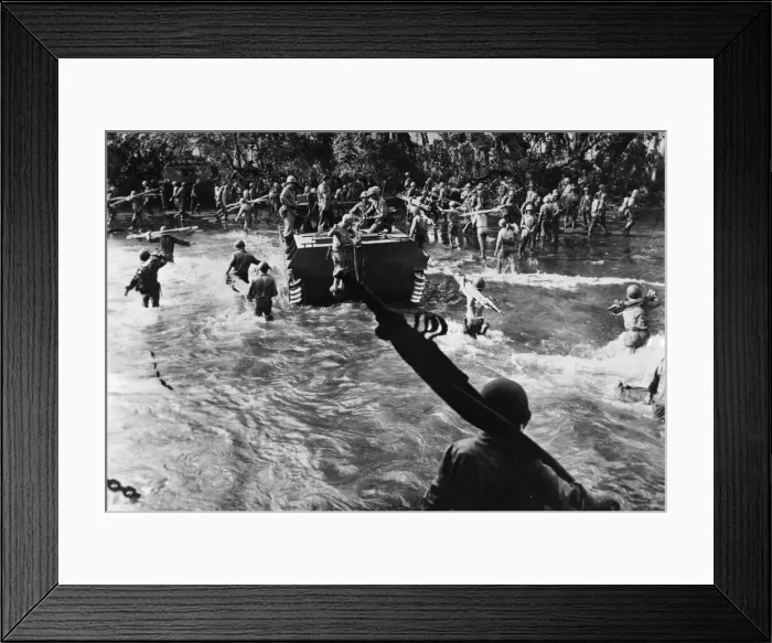Framed Print : US Marines carrying stretchers splash through the surf after having disembarked from huge Framed Print : US Marines carrying stretchers splash through the surf after having disembarked from huge