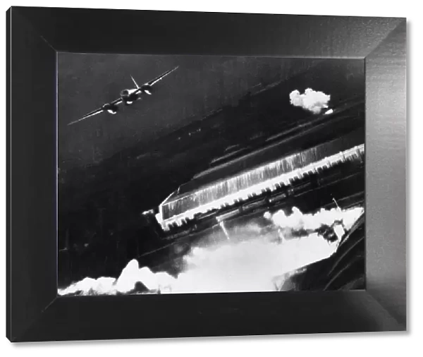 Striking action picture taken from a Mosquito of R. A. F. Bomber Command during a dusk