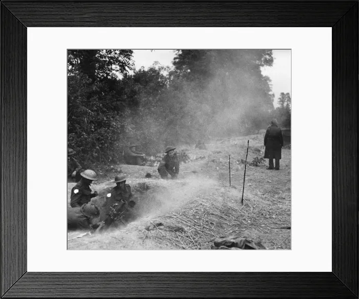 Framed Print : Men of the Dorsets firing their 3 inch Mortars at the enemy at Hottot. No Framed Print : Men of the Dorsets firing their 3 inch Mortars at the enemy at Hottot. No