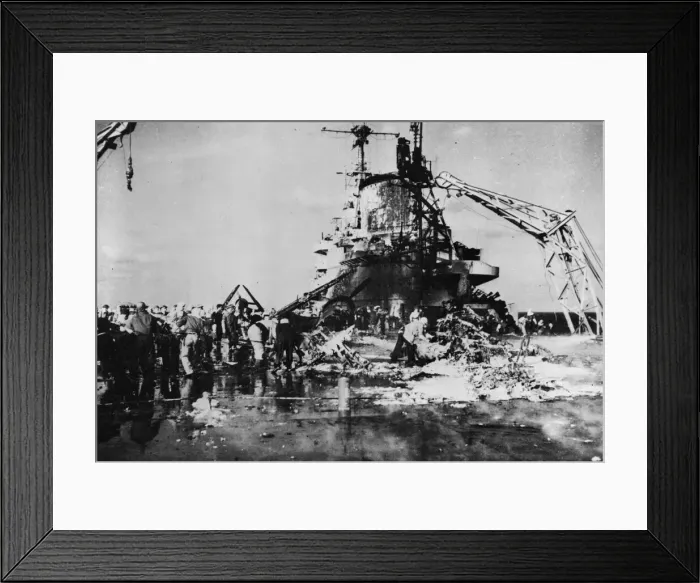 Framed Print : Firefighters on board HMS Formidable inspect the wreckage Framed Print : Firefighters on board HMS Formidable inspect the wreckage