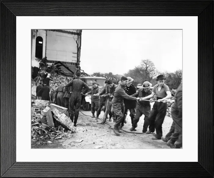 Framed Print : A bombed school near London. Helpers form a change Framed Print : A bombed school near London. Helpers form a change