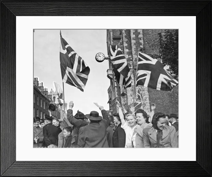 Framed Print : People of Dover flying the union jack flag. Picture taken 1st October 1944 Framed Print : People of Dover flying the union jack flag. Picture taken 1st October 1944