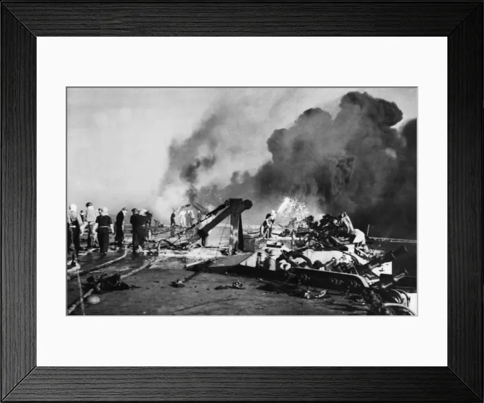 Framed Print : Firefighters busy on board HMS Formidable after a Japanese suicide plane had crashed