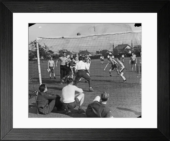 Framed Print : RAF (Royal Airforce) wounded, in training with football to help them back to strength Framed Print : RAF (Royal Airforce) wounded, in training with football to help them back to strength