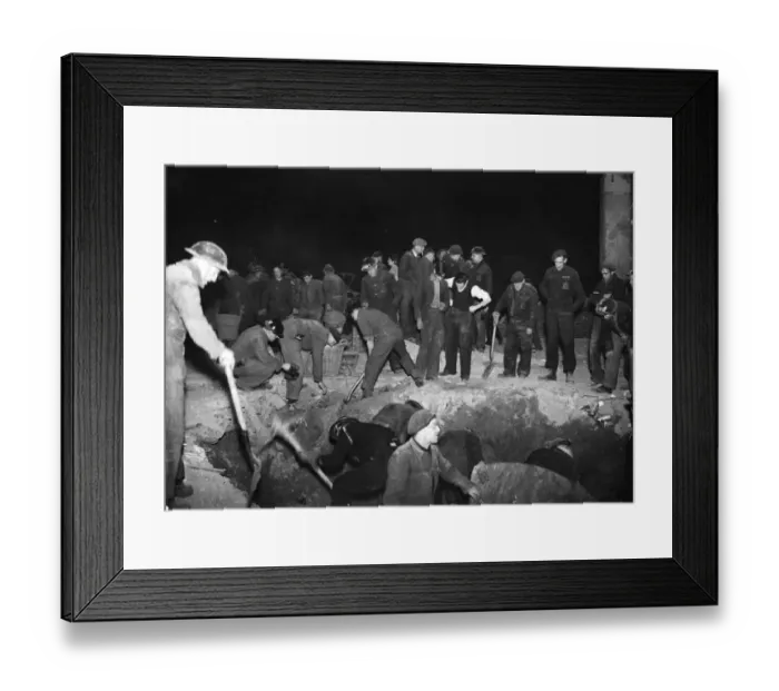 Framed Print : A bombed school near London. Rescue workers at night