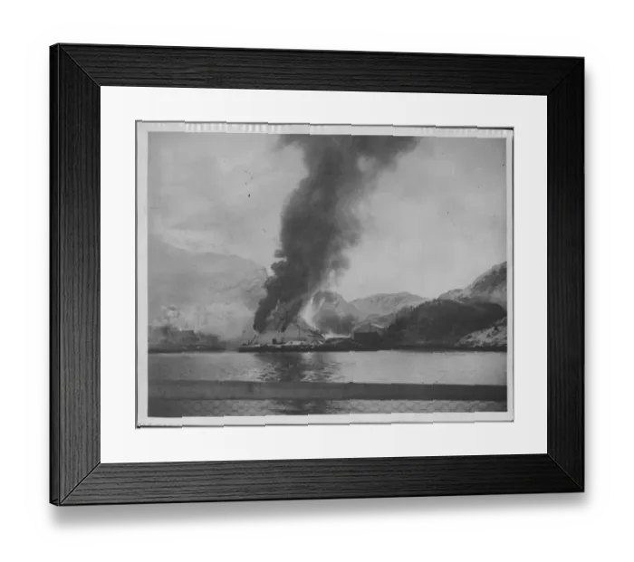 Framed Print : German stores burn on Maloy Island, Norway following a Commando raid on the island that Framed Print : German stores burn on Maloy Island, Norway following a Commando raid on the island that