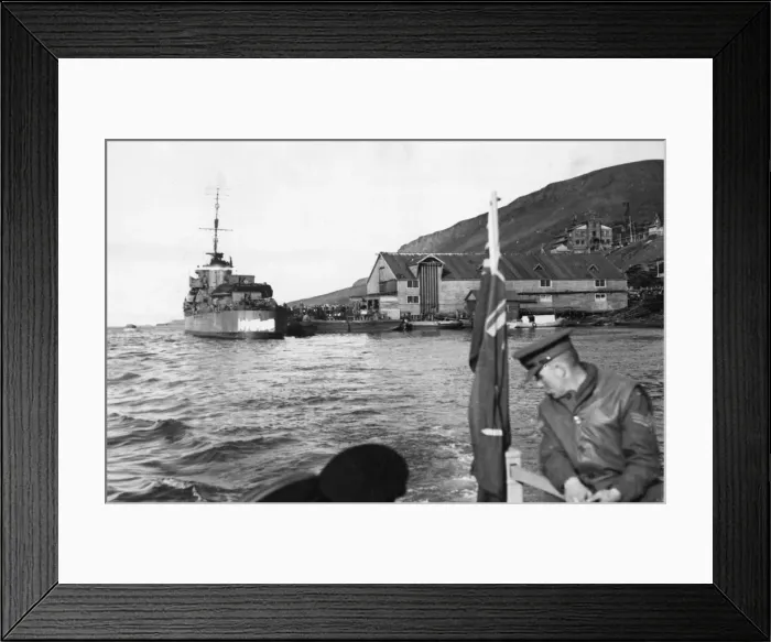 Framed Print : Destroyer waiting at a jetty at Barentsburg in the Svalbard Islands to take Russian