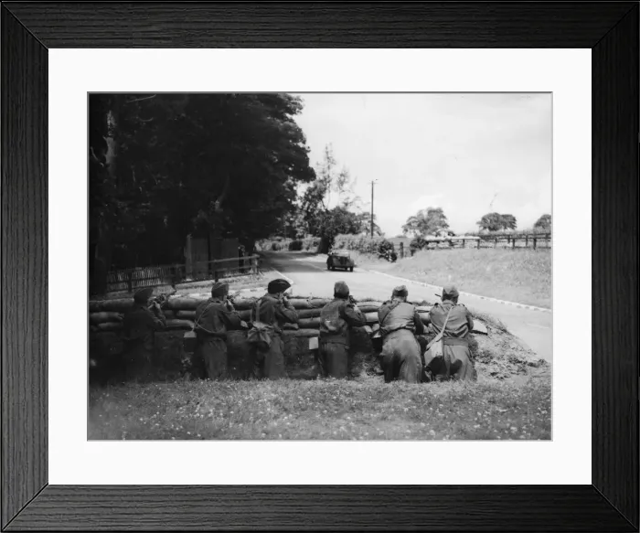 Framed Print : Home Guards, well entrenched, with a bombing post in the background