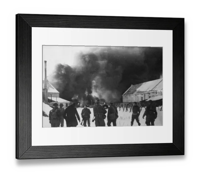Framed Print : British commandos watch fires burning in Stamsund on the Lofoten Island
