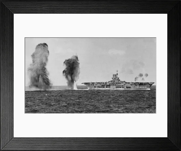 Framed Print : Bombs falling astern of HMS Ark Royal during an attack by Italian aircraft during Framed Print : Bombs falling astern of HMS Ark Royal during an attack by Italian aircraft during