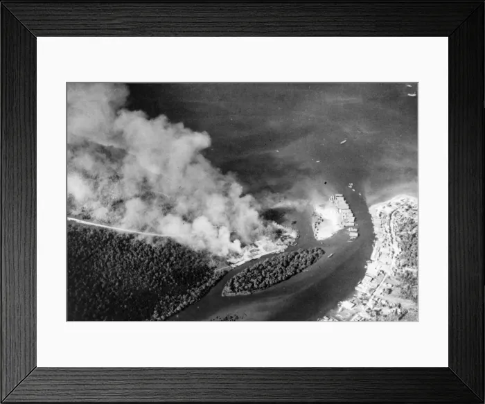 Framed Print : Allied bombing raid against Japanese shipping in Chumphon, Thailand. February 1945 Framed Print : Allied bombing raid against Japanese shipping in Chumphon, Thailand. February 1945