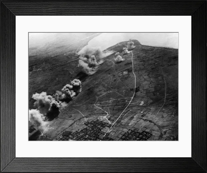 Framed Print : Bombing of the Ishigaki airfield in Okinawa by a British fleet carrier. June 1945 Framed Print : Bombing of the Ishigaki airfield in Okinawa by a British fleet carrier. June 1945