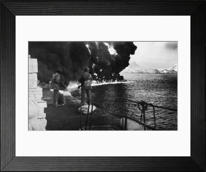 Framed Print : Oil burning on the surface of the sea following the British raid on the Norwegian Lofoten Framed Print : Oil burning on the surface of the sea following the British raid on the Norwegian Lofoten