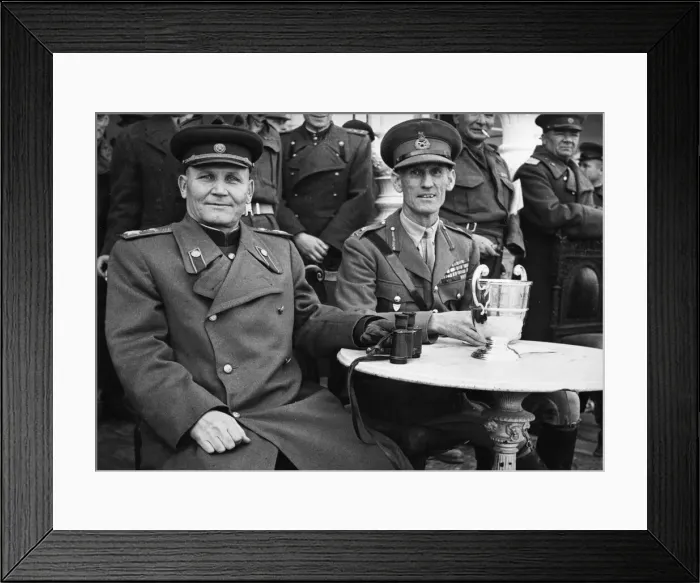 Framed Print : Marshal Ivan Koniev of the Russian Army (left) shares a table with British Framed Print : Marshal Ivan Koniev of the Russian Army (left) shares a table with British