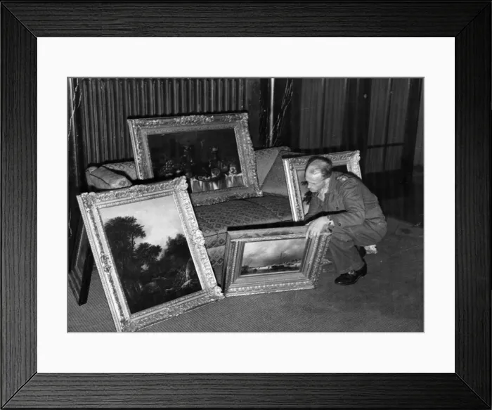 Framed Print : Captain H. H. Davies, Royal Artillery, of Birkenhead, checks looted pictures found in Framed Print : Captain H. H. Davies, Royal Artillery, of Birkenhead, checks looted pictures found in