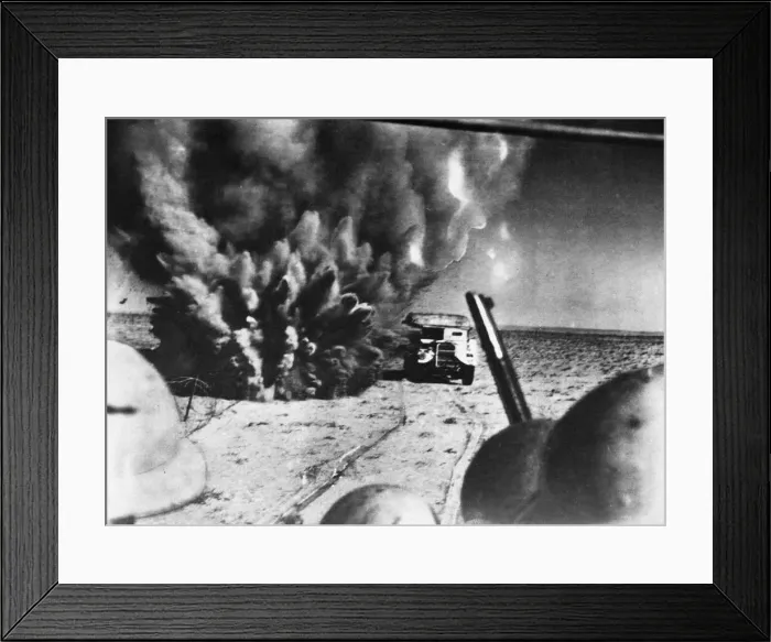 Framed Print : Motorised infantry move through enemy minefields whilst under artillery fire Framed Print : Motorised infantry move through enemy minefields whilst under artillery fire