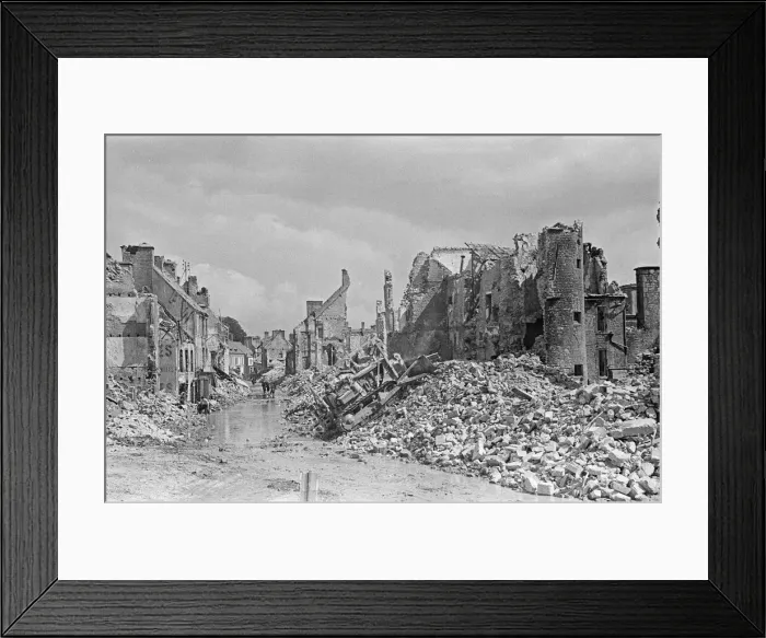 Framed Print : Ruined buildings and wrecked German transport in the streets of Montebourg as a result of Framed Print : Ruined buildings and wrecked German transport in the streets of Montebourg as a result of