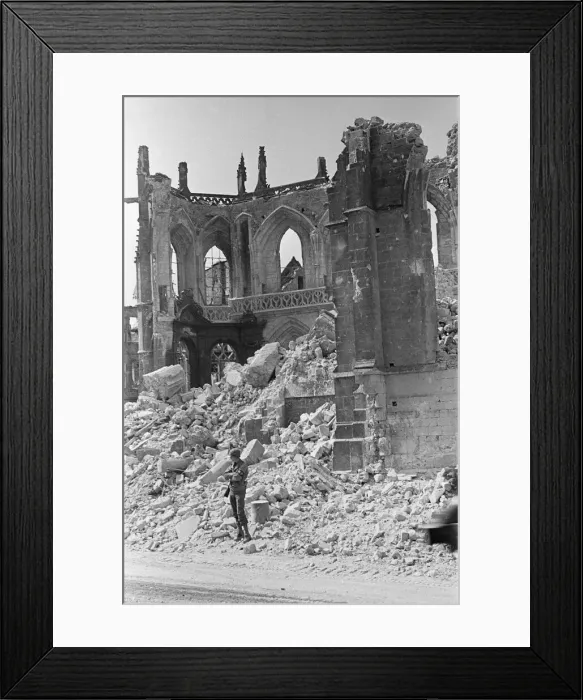 Framed Print : American Military Policeman guards the remains of the church in the remains of Framed Print : American Military Policeman guards the remains of the church in the remains of
