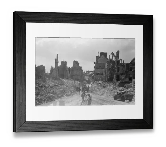 Framed Print : American troops pass through the ruined buildings and wrecked German transport in Framed Print : American troops pass through the ruined buildings and wrecked German transport in