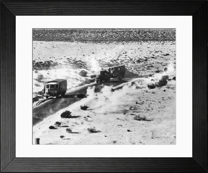 Framed Print : A low level air attack on an enemy column near Benghazi during the Second World War Framed Print : A low level air attack on an enemy column near Benghazi during the Second World War
