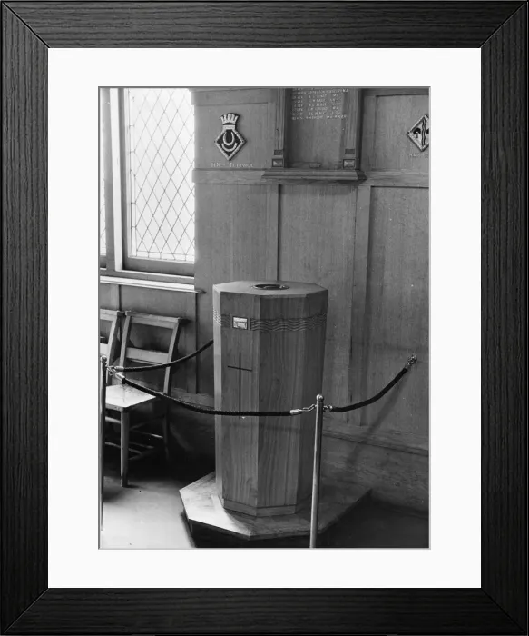 Framed Print : A visit to HMS Dolphin, Portsmouth, Hampshire. The font in the nearby memorial Framed Print : A visit to HMS Dolphin, Portsmouth, Hampshire. The font in the nearby memorial