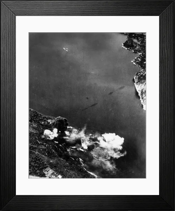 Framed Print : Air attack on Godvik oil supplies, near Bergen. August 1940 Framed Print : Air attack on Godvik oil supplies, near Bergen. August 1940