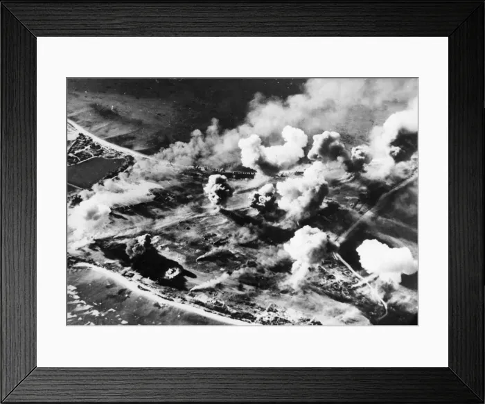 Framed Print : US aircraft bomb the Japanese airbase on the Kwajalein Atoll. April 1944 Framed Print : US aircraft bomb the Japanese airbase on the Kwajalein Atoll. April 1944