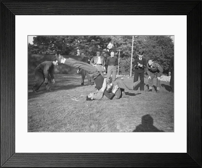 Framed Print : Free French Sailors and Naval Commandos train in unarmed combat at their their barracks Framed Print : Free French Sailors and Naval Commandos train in unarmed combat at their their barracks
