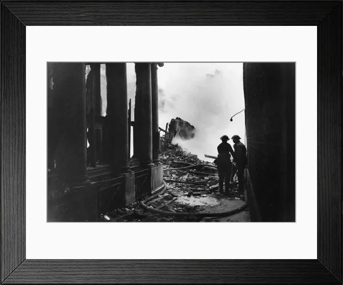 Framed Print : Firemen dampen fires in Paternoster Row following an air raid during Second World War