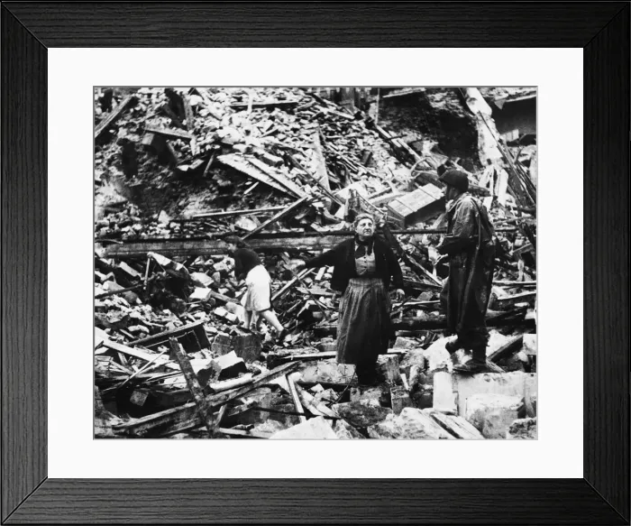 Framed Print : French civilians search through bombed ruins during Second World War somewhere in France