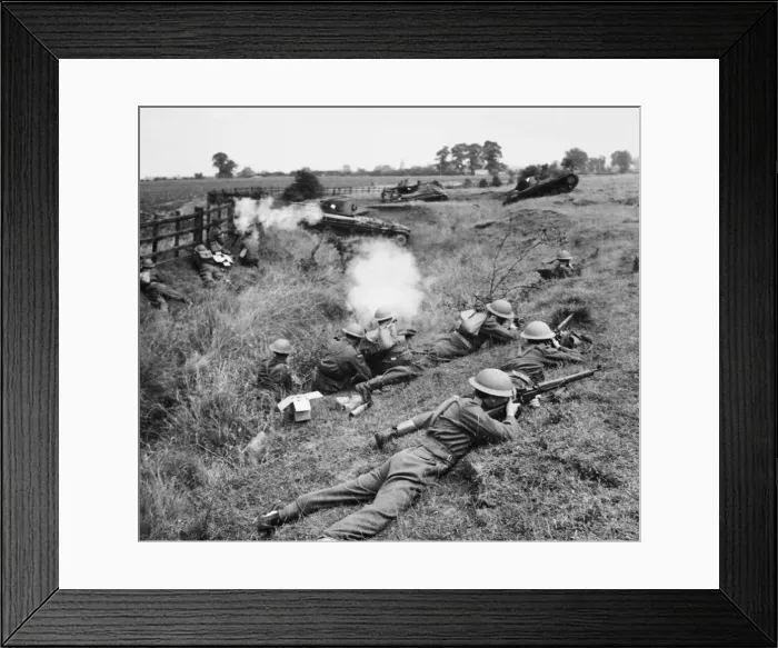 Framed Print : Men of the Home Guard taking part in a training exercise with the aid of a Valentine tank Framed Print : Men of the Home Guard taking part in a training exercise with the aid of a Valentine tank