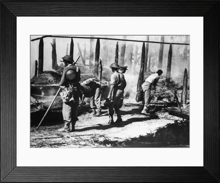Framed Print : Punjab troops act as firefighters on the Arakan front. Villages on the front suffer