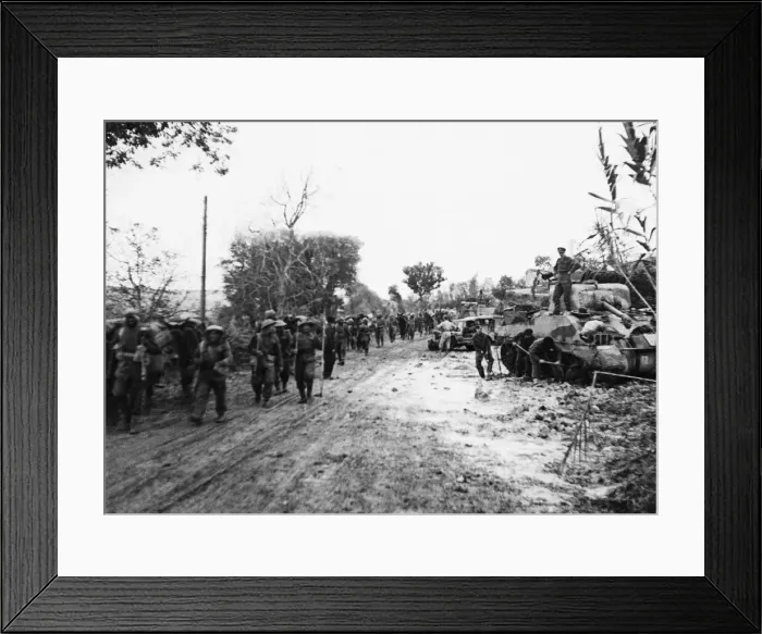 Framed Print : Mule train passing a bogged Sherman tank on the 8th Army front. 4th December 1943 Framed Print : Mule train passing a bogged Sherman tank on the 8th Army front. 4th December 1943