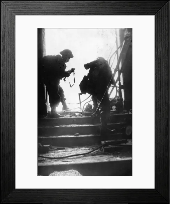Framed Print : Two members of the home guard, silhouetted, in the doorway of a blitzed building Framed Print : Two members of the home guard, silhouetted, in the doorway of a blitzed building