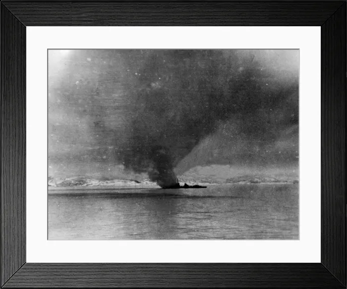 Framed Print : An enemy destroyer abandoned and in flames and soon will be sinking Framed Print : An enemy destroyer abandoned and in flames and soon will be sinking
