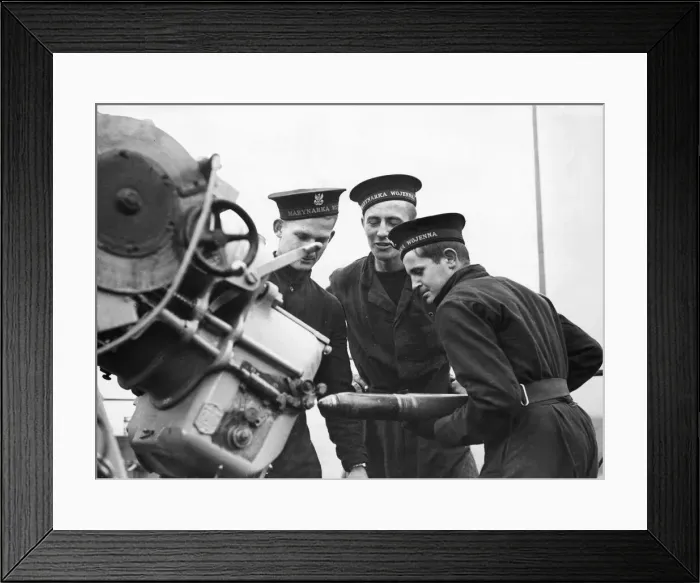 Framed Print : Three sailors manning a 3 inch anti-aircraft gun at gun practice on board the Polish Navy Framed Print : Three sailors manning a 3 inch anti-aircraft gun at gun practice on board the Polish Navy