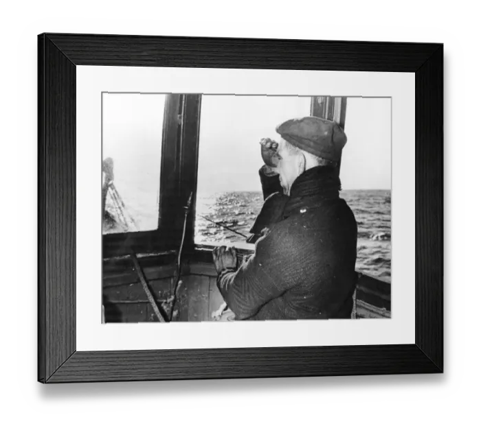 Framed Print : A small boat in the sea. Location unknown. Caption suggests the skipper is