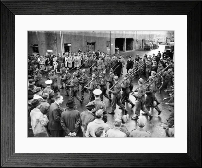 Framed Print : Pictured, the march past of British Troops seen after the arrival in Iceland of American Framed Print : Pictured, the march past of British Troops seen after the arrival in Iceland of American