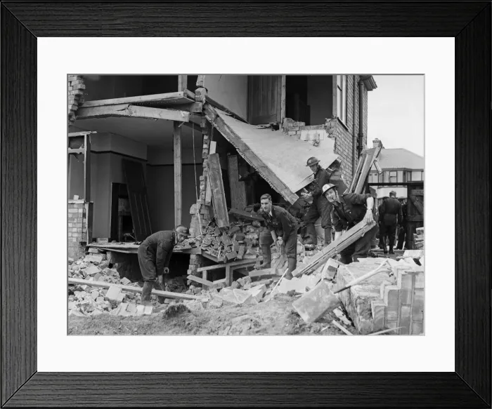 Framed Print : A demolition squad make safe a bomb damaged building at Hodge Hill Common following a Framed Print : A demolition squad make safe a bomb damaged building at Hodge Hill Common following a