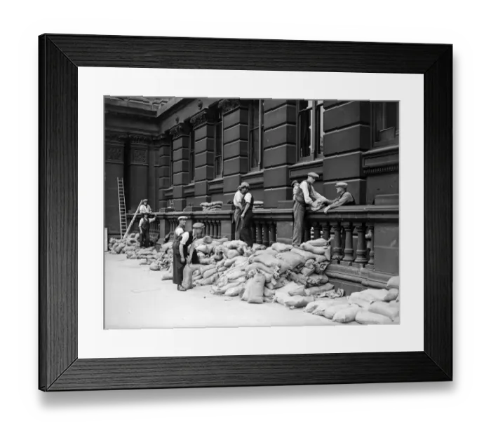 Framed Print : Sandbags being placed against the walls of the Birmingham Education Committee building in Framed Print : Sandbags being placed against the walls of the Birmingham Education Committee building in