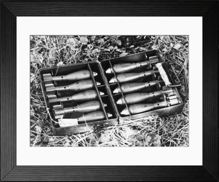 Framed Print : A captured case of mortars used by the Germans. Circa June 1940 Framed Print : A captured case of mortars used by the Germans. Circa June 1940