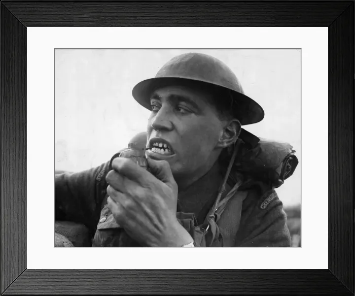 Framed Print : Grenadier Guard manning a forward position in France seen in this picture pulling the pin Framed Print : Grenadier Guard manning a forward position in France seen in this picture pulling the pin