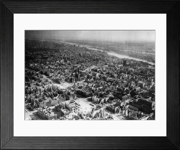 Framed Print : Aerial view of the devastated town of Magdeburg, situated on the Elbe river in Framed Print : Aerial view of the devastated town of Magdeburg, situated on the Elbe river in